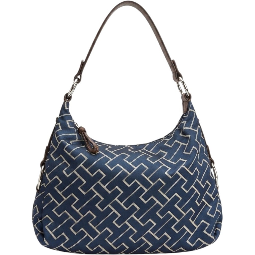 Y2K Preppy Tommy Hilfiger Navy Monogram Jacquard Hobo Shoulder Bag Brown Trim